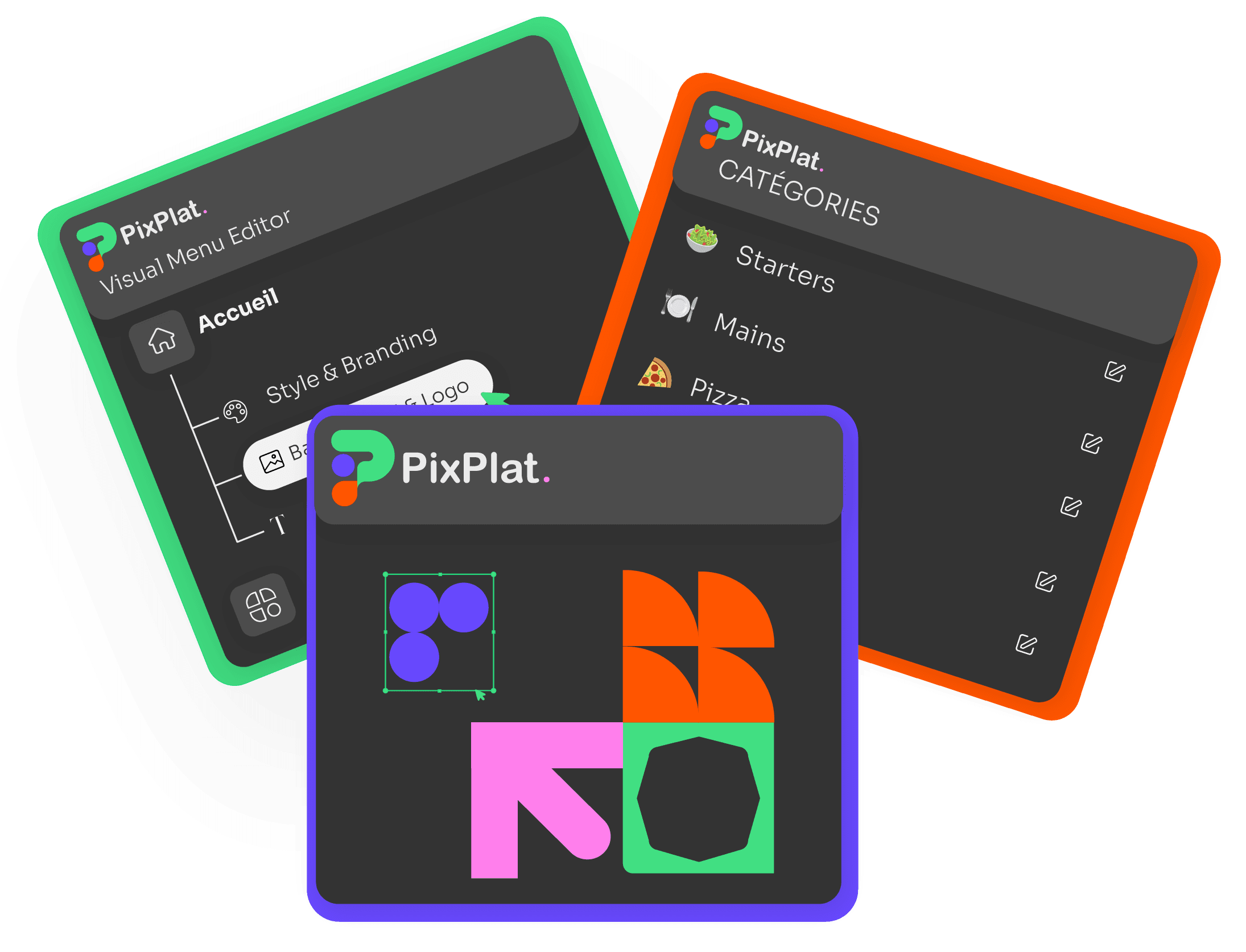 PixPlat interface mockups showing menu editor capabilities